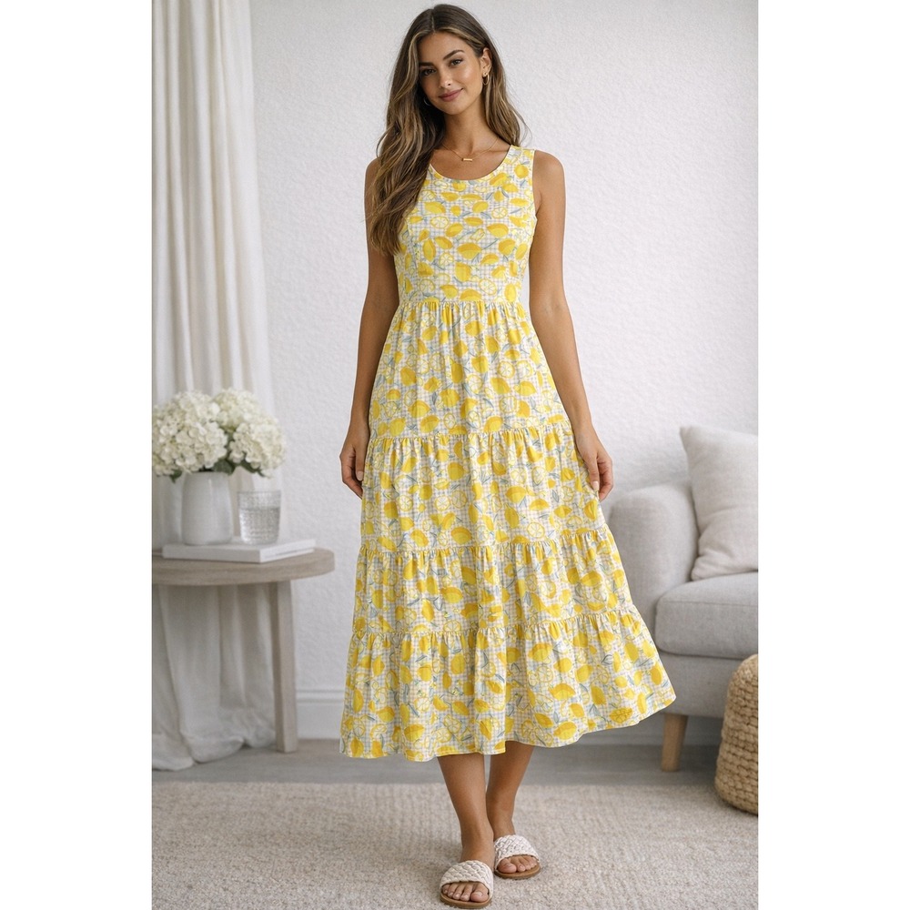 Lands End Lemon Print Midi Dress NWT Size M Tiered Sundress Summer Cotton Blend